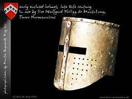 Wulfgard's Helmet (5. Juni 2001) 
Ein frher Topfhelm mit noch kurzem Nackenschutz lste den lteren Typ mit Faceguard allmhlich ab.